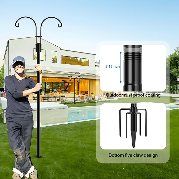 Ottsuls Bird Feeder Pole, 2 Pack 76 INCH Double Shepherds Hooks for Outdoor, Garden Pole with 5 Base Prongs Heavy Duty Planter Hooks for Hanging Plant Baskets, Lantern, Hummingbird Feeder