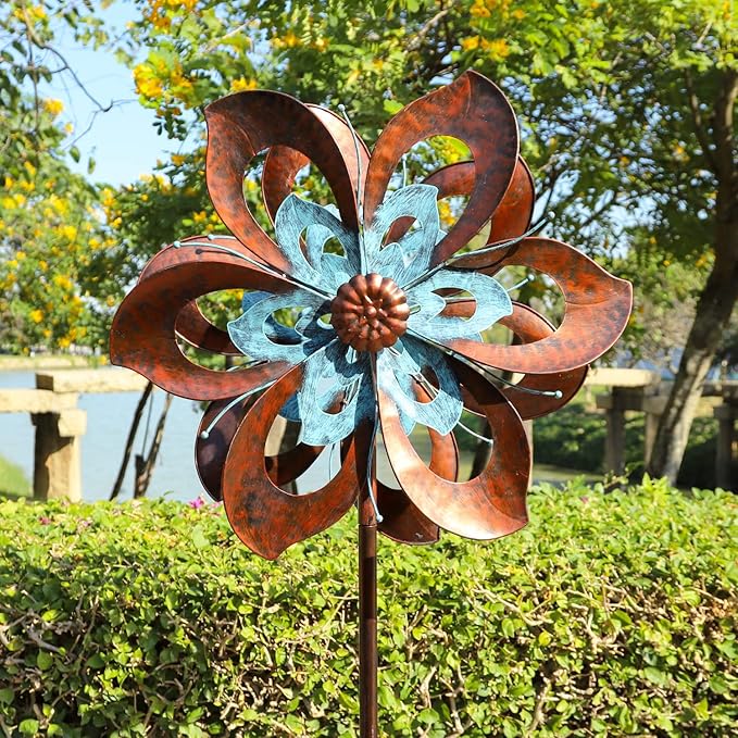 Garden Wind Spinner,Flower Wind Spinner,Outdoor Metal Wind Sculpture & Spinner Large 23 inch Dia 84 inch Height Kinetic Windmill for Garden Yard