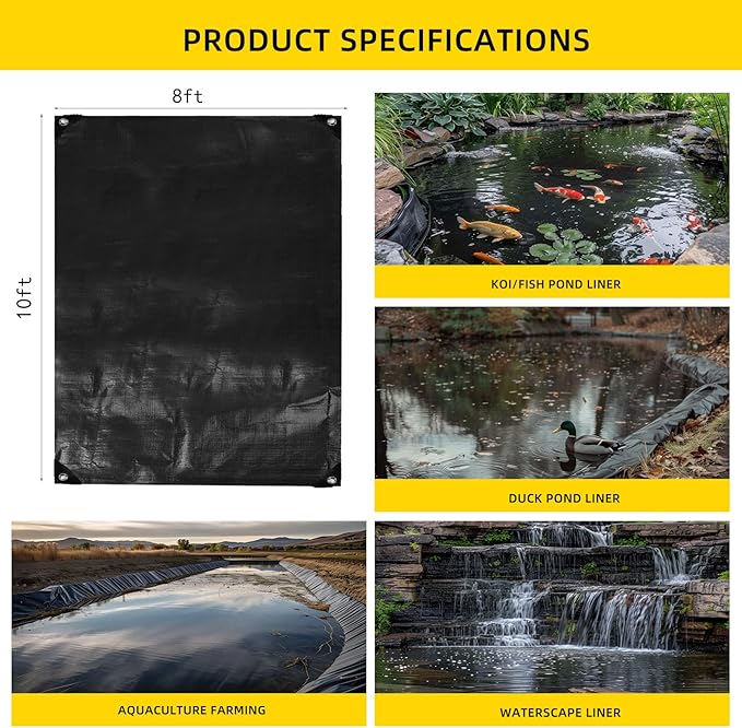TEZONG Pond Liner,8x10Ft Pond Liners for Outdoor,28Mil Black Koi Fish Pond Liners,Reinforced Pond Underlayment for Ponds,Water Gardens,Waterfall