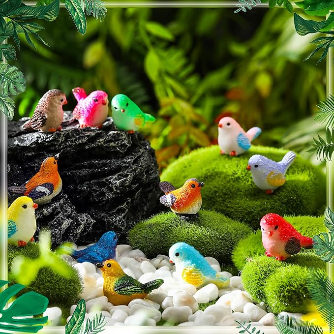 Wenqik 100 Pcs Mini Resin Bird Figurines Miniature Small Birds Figurines Realistic Animal for Fairy Terrarium Craft Garden Accessories Home Ornament Micro Landscape Birthday Cake Toppers Decor