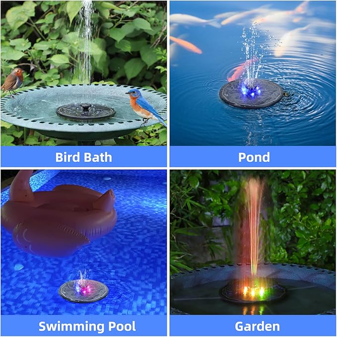 Solar Fountain, Powered Water 4W Pump for Bird Bath with LED Lights, 7 Nozzle and Fixer Hummingbird Garden, Pond, Pool, Fish Tank, , Black