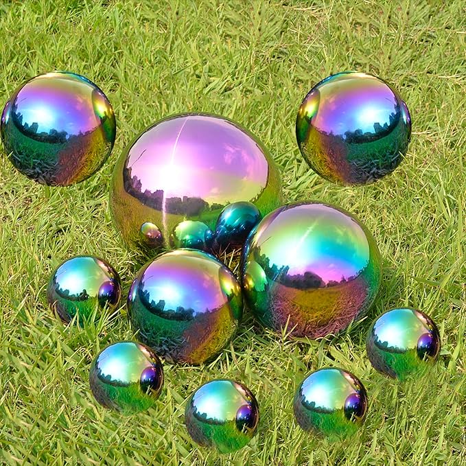Nerien Gazing Ball, Stainless Steel Garden Mirror Globe, Polished Ornament Sphere, Hollow Floating Reflective Hemisphere, for Home Outdoor Pond Housewarming Swimming Pool Decoration, Rainbow, 8Pcs
