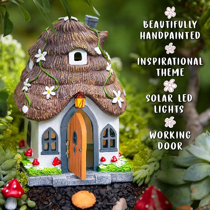 WILD PIXY Fairy Garden House - Glow in The Dark Fairy Cottage with Opening Door and Solar LED Light, Beautiful Miniature Garden Decoration for Indoor or Outdoor Fairy Gardens - 7.1" Fairy House