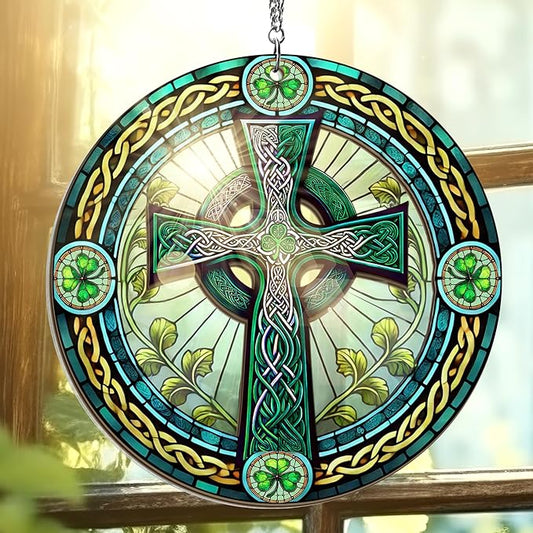 Irish Gifts, St Patricks Day Decor - Birthday, Christmas, Good Luck Irish Gifts for Men Women, Shamrock Decorations, Celtic Cross Home Decor - Window Suncatcher Hanging Decorations 6 in