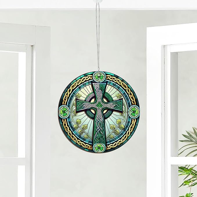 St Patricks Day Decorations - Irish Gifts for Men Women Friends Family, St Patricks Day Accessories, Celtic Cross Home Decor - Double Layered Hanging Suncatcher 8 in