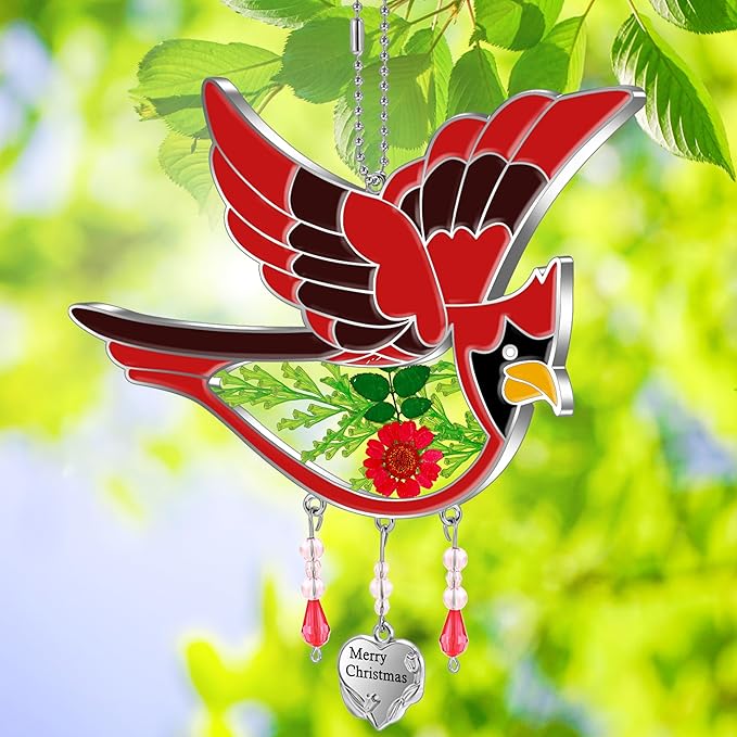 KY&BOSAM Cardinal Suncatcher Merry Christmas Hanging Ornament for Windows Sun Catchers with Pressed Real Flower in Glass and Heart Charm Birthday Gifts for Women Mom Grandma Nana Christmas Day Gifts