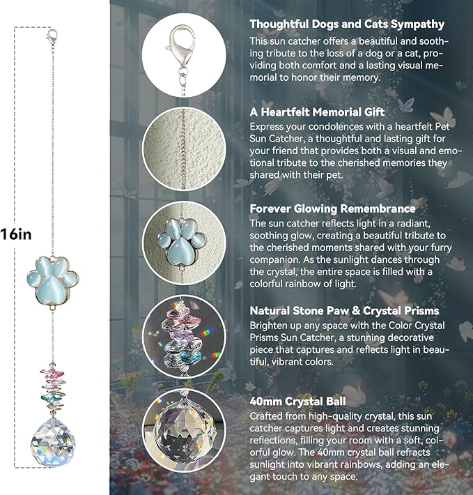 Pet Memorial Suncatcher - Dog Paw Memorial Gifts, Pet Loss Crystal Prisms Rainbow Maker, Lost of Dog Bereavement Gift Idea, Thoughtful Dogs and Cats Remembrance Sun Catcher, Pet Sympathy Gifts