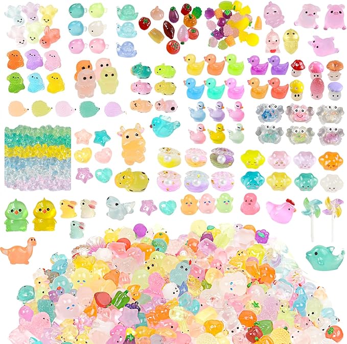 400pcs Luminous Mini Resin Animal in The Dark Tiny Miniature Figures Ornament Duck Frog Mushroom Owl Dog Rabbit Crab Dolphin Shell Fairy Garden Accessories Aquarium Landscape Bonsai Decor
