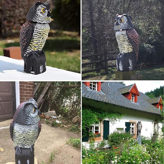 Owl Decoys to Scare Birds Away with Rotating Head,Natural Enemy Bird Deterrent Realistic Eyes & Waterproof Shape Fake Owl Scarecrow Bird Control