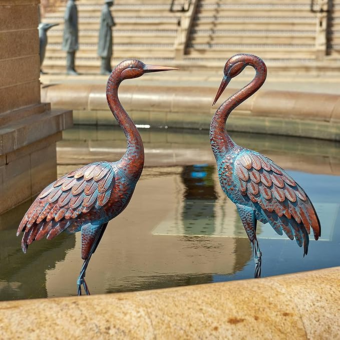 Kircust Garden Crane Statues Patina Heron Decoy, Standing Metal Crane Sculptures Bird Yard Art for Outdoor Decor, 47-48 Inch, Set of 2