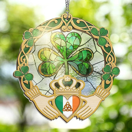 FLAGWIX Irish Gifts for Women, Men - Christmas, Birthday Gifts for Women, St Patricks Day, Shamrock Decorations, Good Luck Gifts, Claddagh, Celtic Home Decor - Window Suncatcher Hanging Decorations