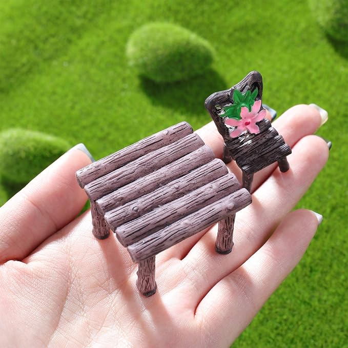 Skylety 12 Pieces Garden Furniture Ornaments Miniature Table and Chairs Set Village Micro Resin Bench Chair for Dollhouse Accessories Home Micro Landscape (Cute Style)