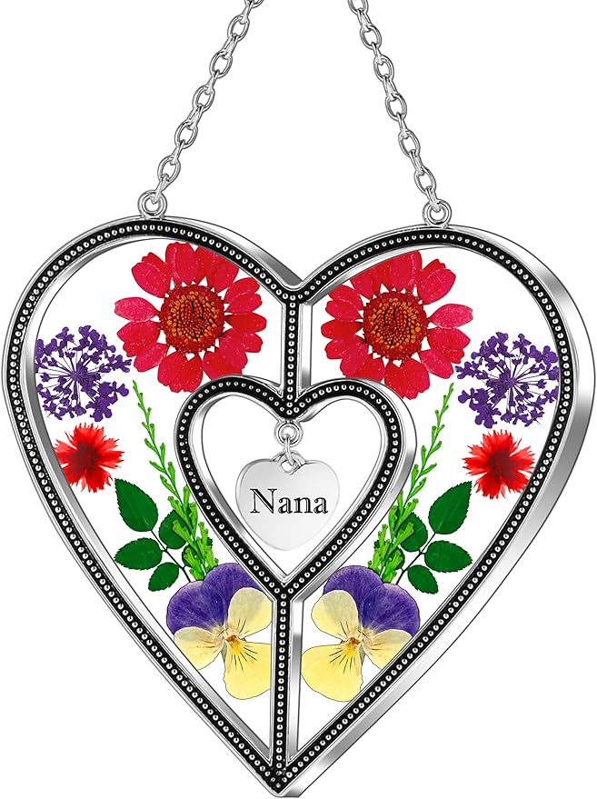 KY&BOSAM Heart Suncatcher Nana Stained Glass Panles Hangings for Windows Ornament Sun Catchers with Pressed Real Flower Heart Embedded in Glass Birthday Gifts for Nana Mother`s Day Home Garden Decor