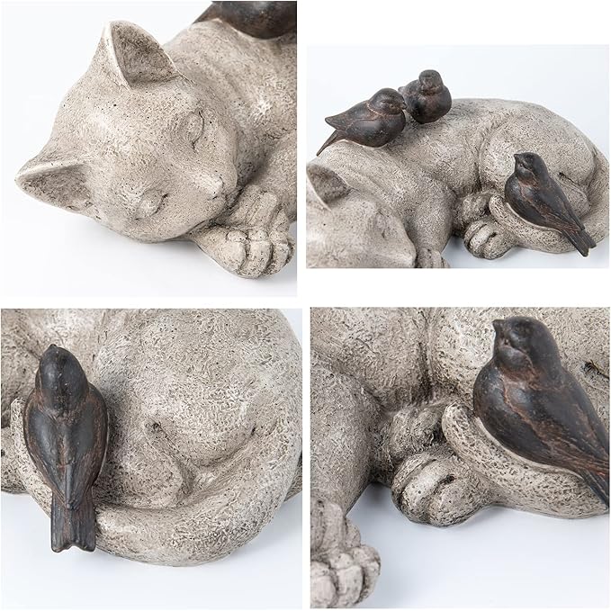 Sleeping Cat Garden Statues Outdoor - 12"Sparrows On Cat Figurine Memorial Statue Grave Markers Garden Resin Sleeping Cat Statues for Garden Decor Outdoor Cat Statue Resin 12" x 8" x 4.5"LC LCdecohome