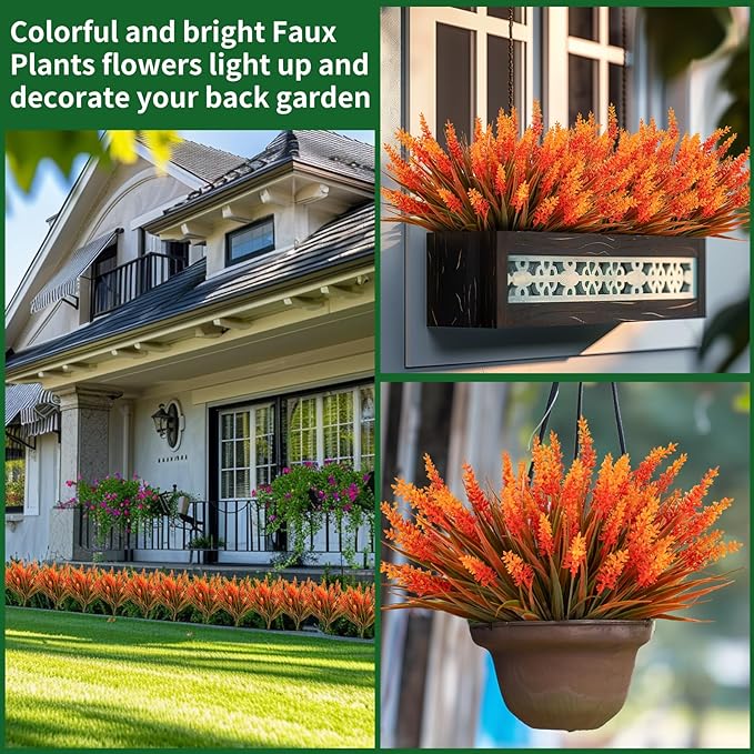 Artificial Fall Flowers for Outdoor Plants 24 Bundles Fake Lavender Plastic Faux Monkey Grass for Verandah Window Garden Office Patio Front Porch UV Resistant for Planter(Autumn Orange)