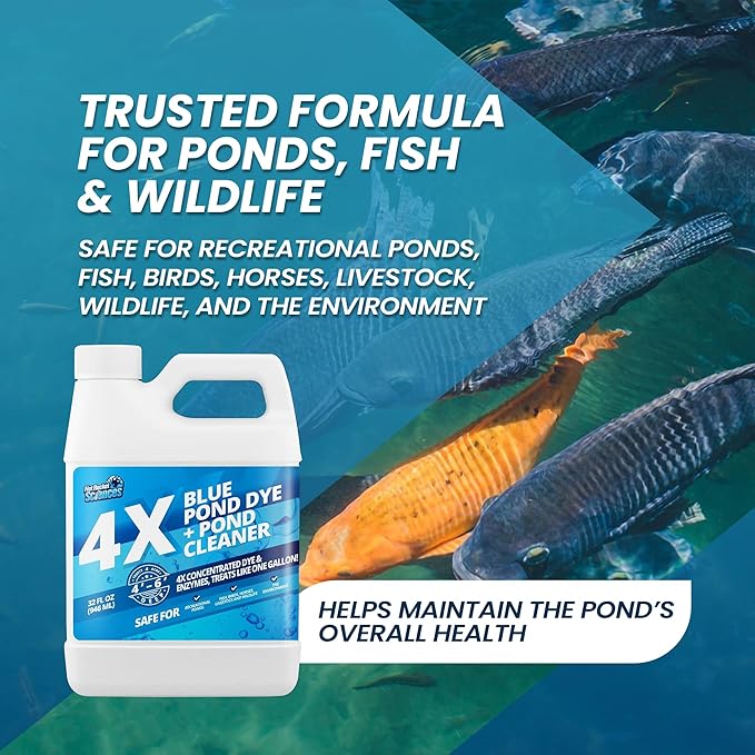32oz 4X Blue Pond Dye + Pond Cleaner, Blue Dye for Ponds and Lakes, 2-in-1 Lake Colorant + Enzymes, Makes Murky Water Clean & Beautiful, Keeps The Water Cool, Clear, and Ideal for Fish & Wildlife