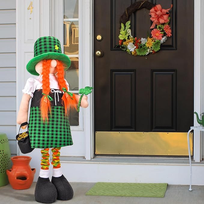 Large St Patricks Day Gnome Plush Decorations Outdoor, Cute Standing Saint Patricks Day Gnomes Gift Decor with Retractable Spring Legs, Placed Outside Yard/Porch/Garden/Indoor/Home/Office