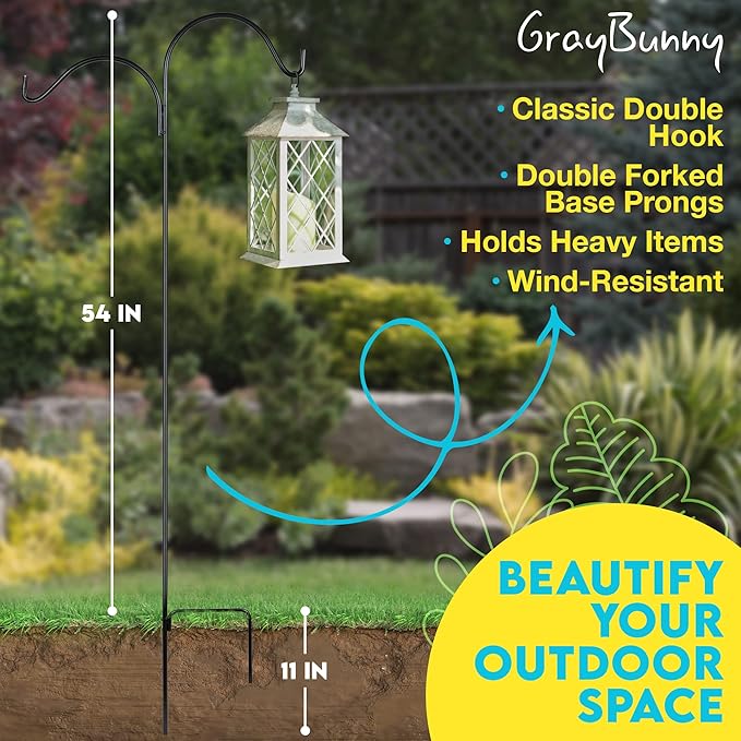 Gray Bunny Dual Sided Shepherds Hooks for Outdoor - 65" Heavy Duty Metal Bird Feeder Pole & Lantern Pole, 1/2" Thick Plant Hangers Outdoor, Great for Weddings Décor & Mason Jars - Black