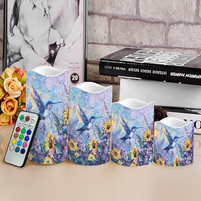 Ystardream Flameless LED Battery Candles Pack of 4 Waterproof Pillar Candles Tealights with 18-Key Timer Remote Colorful Lights for Outdoor Home Decoration Oil Painting Hummingbird