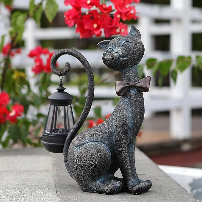 Whimsical Outdoor Cat Statues with Solar Garden Lantern:Cat Garden Statues for Outside Decor Clearance,Outdoor Figurine for Yard Art Lawn Ornaments Patio Balcony Home House - Valentines Birthday Gifts