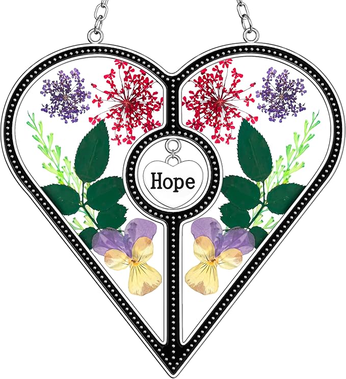 KY&BOSAM Heart Suncatcher Hope Stained Glass Panels for Windows Hangings Wind Chime with Pressed Real Flower Heart Embedded in Glass Friend Gifts- Birthday Gifts for Women Mother`s Day Christmas Decor