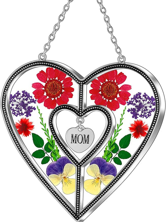 KY&BOSAM Heart Suncatcher Mom Gift Ornament Stained Glass Panles Hangings for Windows Sun Catcher with Pressed Flower Heart in Glass Birthday Gifts for Women Mother`s Day Christmas Home Garden Decor