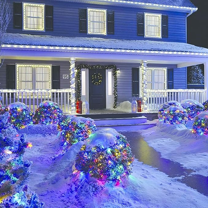 LED Christmas Net Lights Outdoor Christmas Decorations for Bushes,100LED 5ftx5ft Connectable Green Wire Net Christmas Lights for Outdoor indoor Yard Mesh Shrub Tree Decor ,UL Certified(Multicolor)