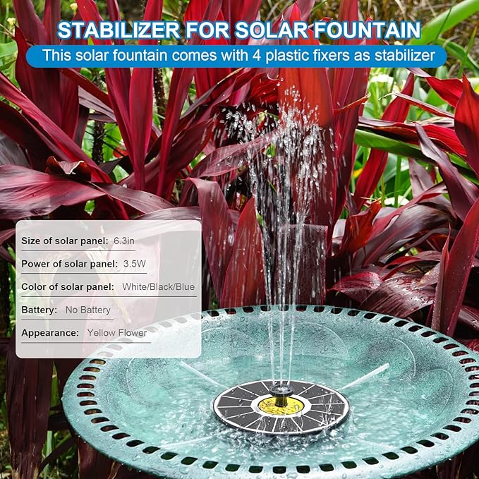 Solar Fountain for Bird Bath, 3.5W Upgraded Solar Bird Bath Fountains with 4 Fixed Pipes 7 Nozzles No Battery, Solar Fountain Pump for Bird Bath Outdoor(White)