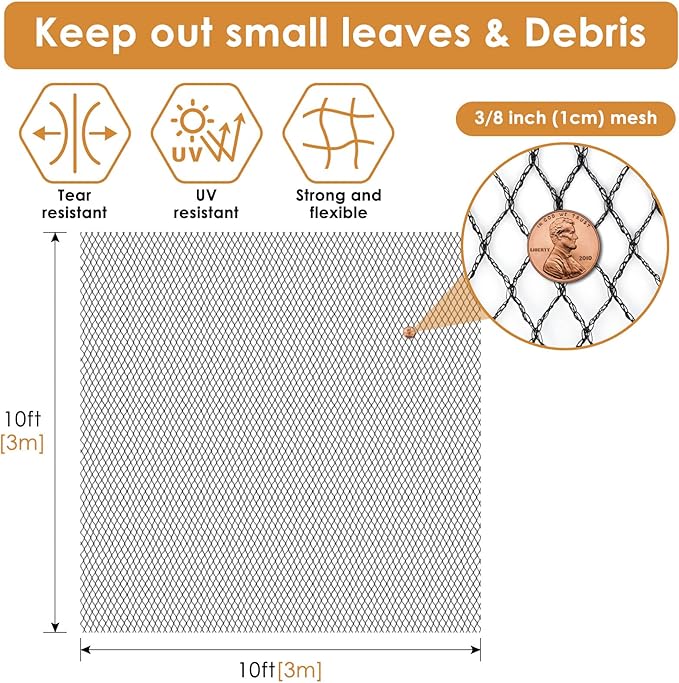 PACETAP Pond Netting Kit 10 x 10 Ft for Leaves, Heavy Duty Koi Pond Cover, Pool Protective Cover Netting with Stakes Protecting Koi Fish from Birds, Cats, Predators