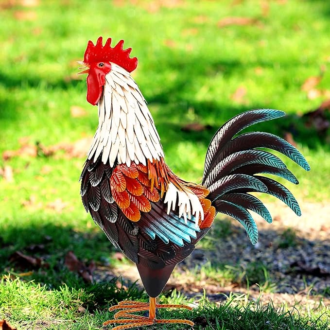 chisheen Metal Rooster Decor,Yard Chicken Decorations,Outdoor Garden Statues, Metal Chicken Sculpture for Backyard Patio Kitchen Decor & Lawn Ornaments