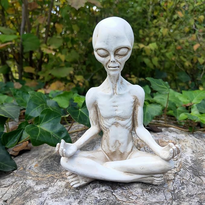 White Alien Statue, Resin Yoga Pose Alien Figure, 6.3" H Creative Yoga Alien Statue of The Thinker for Home Offcie Garden Decor Supplies