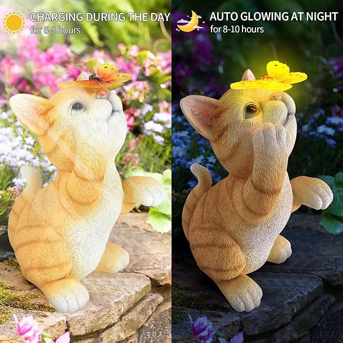 Solar Garden Statue Cat Figurine,Resin Cat Statue Playing Butterfly,Outdoor Decoration for Patio,Balcony,Yard, Lawn-Unique Housewarming Gift for Garden Mom Grandma