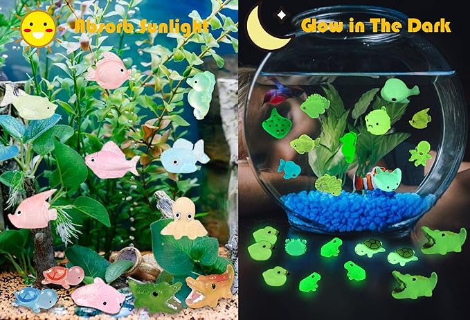 Luminous Mini Resin Ocean Animals 50Pcs Tiny Animals Tiny Turtle Octopus Seahorse Crocodile Dolphin Shark Frog Glow in The Dark for Garden Miniatures Accessories Landscape Aquarium Potted Decoration