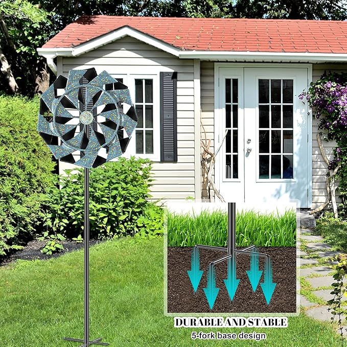 59 inch Outdoor Kinetic Wind Spinner, Double Blade Wind Sculpture with 5 Prong Base, Geometric Metal Windmill for Garden, Lawn & Patio Decoration (Blue Gold)