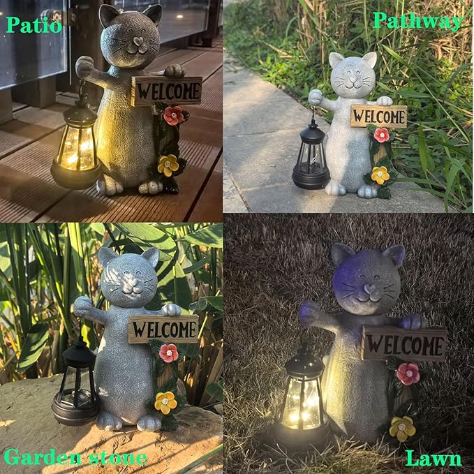 Solar Cat Statue with Solar Lantern-Outdoor Garden Décor, LED Lighted Kitty Figurine for Patio, Lawn,Yard-Valentine's Day, Birthday Gifts for Mom,Grandma,Cat Lovers