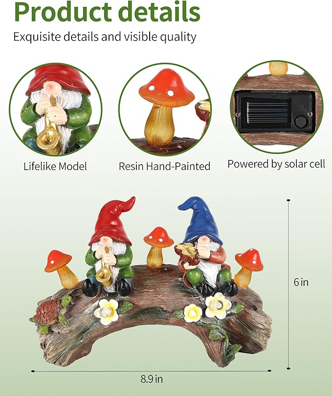 iStatue Enchanted Fairy Garden Gnomes Solar Light - 9'' Hand-Painted Resin Miniature Figurines Perfect for Yard Art Outdoor Patio Decor Lawn Ornaments and Statues Decorations (Gnomes)