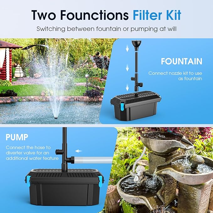 POPOSOAP Pond Filter with Pump Fountain Kits, 660GPH Pond Filter with 40W Pond Pump & Fountain Kit, Koi Pond Filters for Outdoor Ponds Clean, Clear, and Add Water Features(Corded Electric)