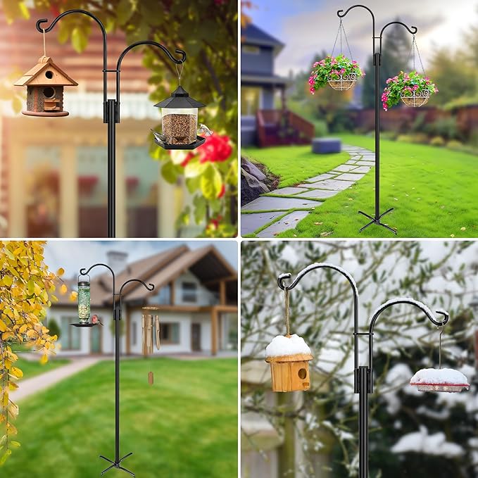 XDW-GIFTS Double Shepherds Hooks for Outdoor, 2-Pack Heavy Duty Garden Pole for Hanging Bird Feeder, Plant Baskets, Solar Light Lanterns, Garden Plant Hanger Stands with 5 Base Prongs