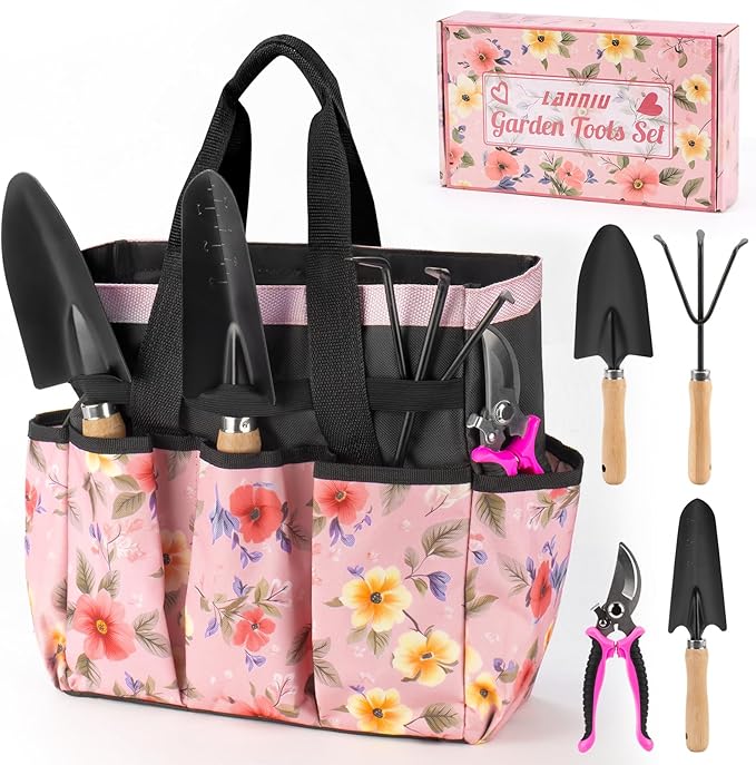 Pink Gardening Tools, Garden Tool Set for Women, 5 Piece Womens Gardening Kit with Garden Hand Tools Pink Floral Garden Bag,Gardening Gifts for Wife (5-Piece Pink)