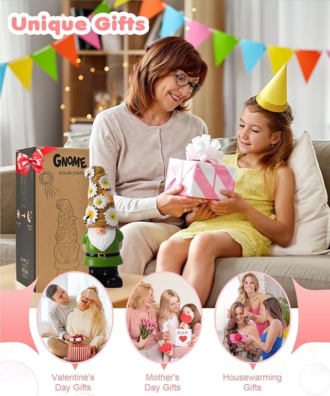 Solar Gnome Garden Statue for Decor: Outdoor Figurines Sculpture with Lights and Bee for Lawn Patio Yard Balcony - Gifts for Mom Women