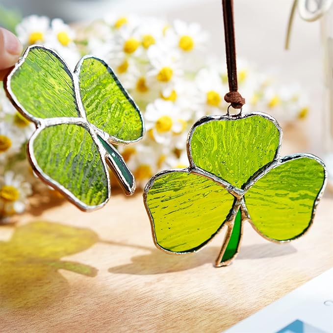 Handmade Stained Glass Shamrock Sun Catcher Window Hanging Irish Suncatcher St. Patrick's Day Decor for Home Green Clover Flower Stained Glass Window Panels for Window 3inch