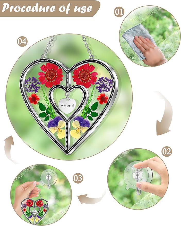 KY&BOSAM Heart Suncatcher Friend Stained Glass Hangings for Windows Real Flower Glass & Metal Maker Sun Catchers Birthday Gifts for Frined Home Party Backyard Indoor Outdoor Decor Christmas Ornament