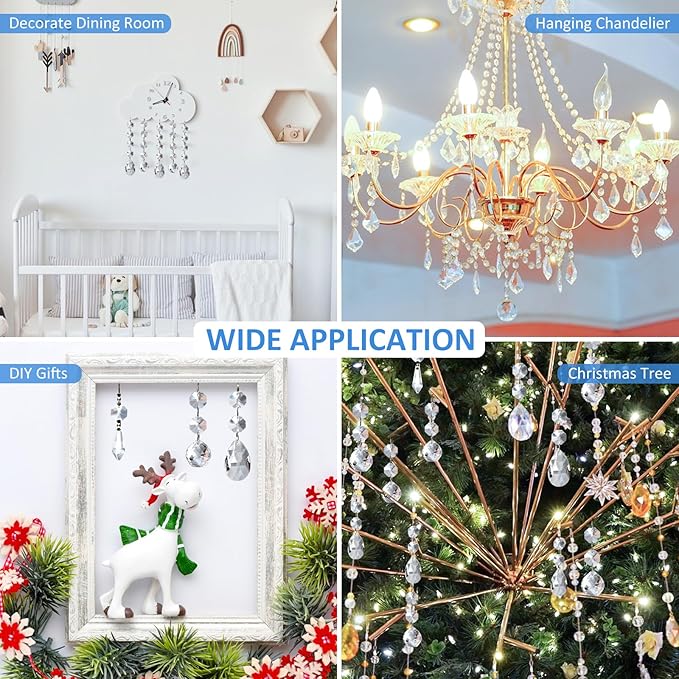 44 Pack Chandelier Crystal Prism Replacement, 38mm Hanging Clear Crystal Glass Bead Prisms 20mm Chandelier Crystals Modern for Foyer Wedding Lamp Windows Christmas Tree Decoration