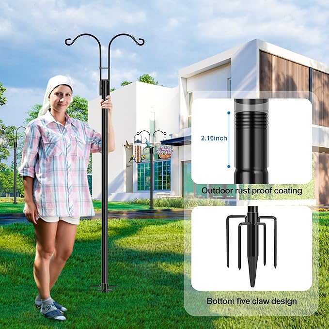 Ottsuls Bird Feeder Pole, 2 Pack 60 INCH Double Shepherds Hooks for Outdoor, Garden Pole with 5 Base Prongs Heavy Duty Planter Hooks for Hanging Plant Baskets, Lantern, Hummingbird Feeder