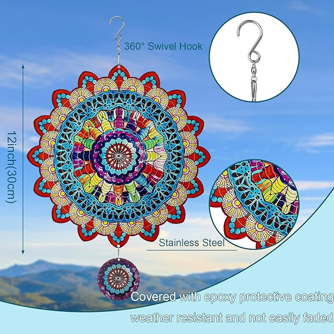 TUOKING Mandala Wind Spinners Outdoor Metal 3D Hanging Art Wind Spinner 12 Inch Stainless Steel for Yard and Garden Decoration Worth Gift for Women