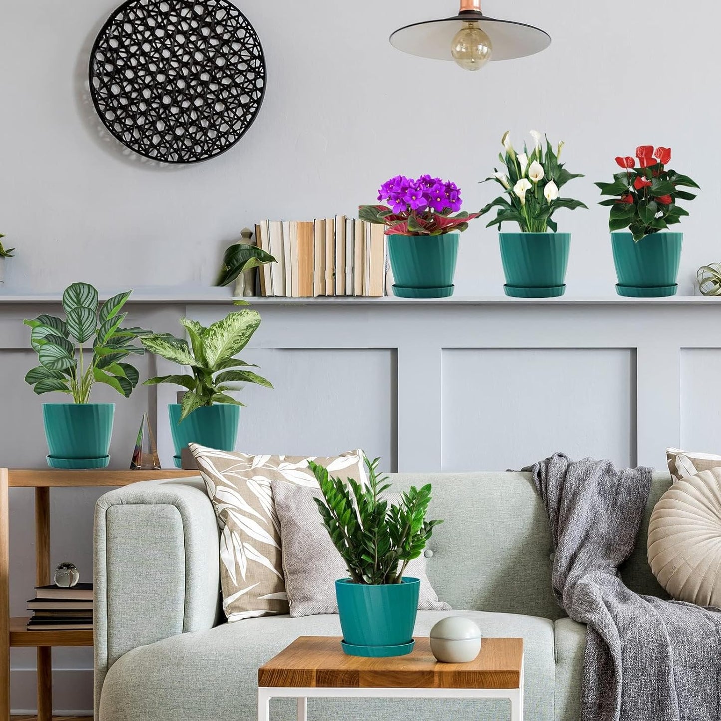 7 Inch Plant Pots Bulk, 6 Pack Plastic Planters with Drainage Holes and Saucers for Indoor Outdoor House Plants and Flowers, Green