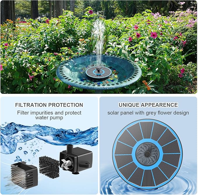 Solar Fountain Upgraded High Efficiency Glass Solar Panel, Solar Bird Bath Fountains with Flower No Battery,Solar Water Pump Fountain for Bird Bath Garden Small Ponds Outdoor Décor(Blue)