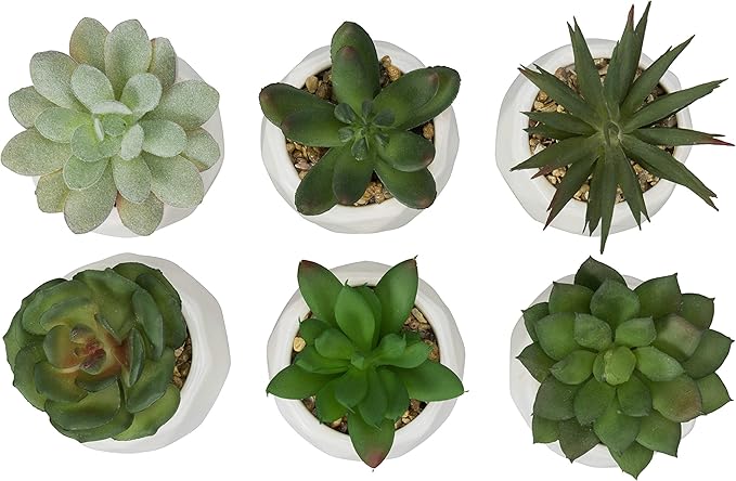 MyGift Mini Assorted Green Faux Succulent, Indoor Fake Plants in Geometric Ceramic Pots, Set of 6