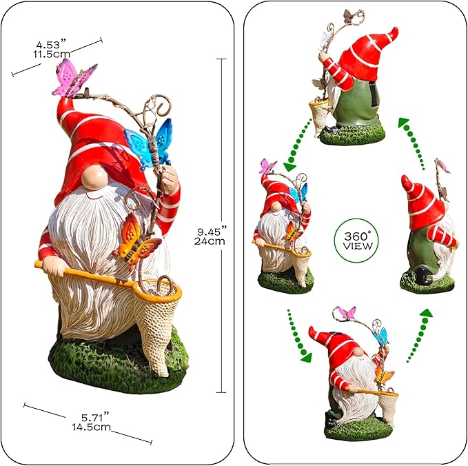 Solar Powered Gnome Garden Statue with Iron Butterflies - LED Lighted Garden Decorations, Resin Gnome with Butterfly Net, Gifts for Women and Men，Outdoor Decor Ornaments for Outside