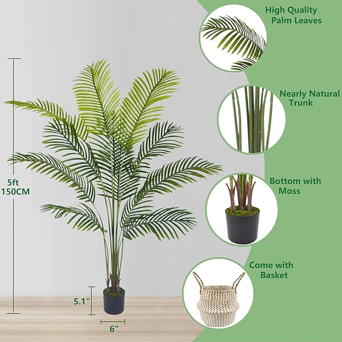 Artificial Palm Tree, 5ft Fake Areca Palm Plant with Basket, Tropical Faux Dypsis Lutescens Plants for Indoor Outdoor Home Office Shop Garden Décor